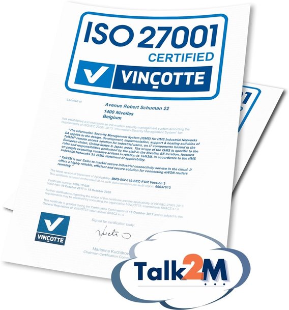 HMS har fått ISO27001-certifiering för eWON® Talk2M